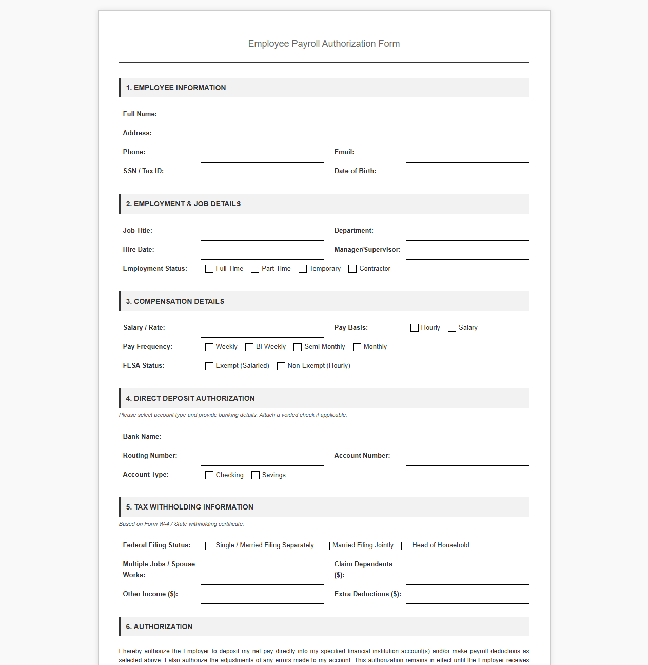 Employee Payroll Authorization Form