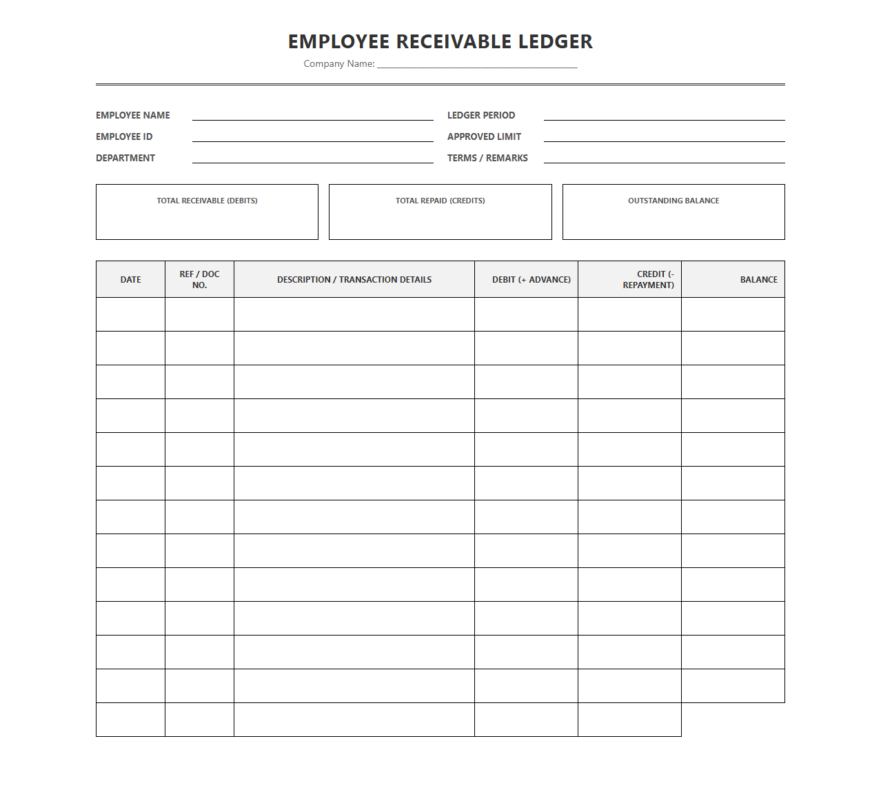 Employee Receivable Ledger Template