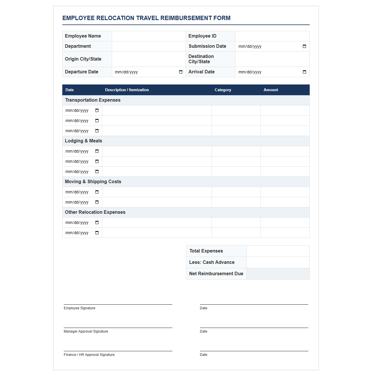 Employee Relocation Travel Reimbursement Form