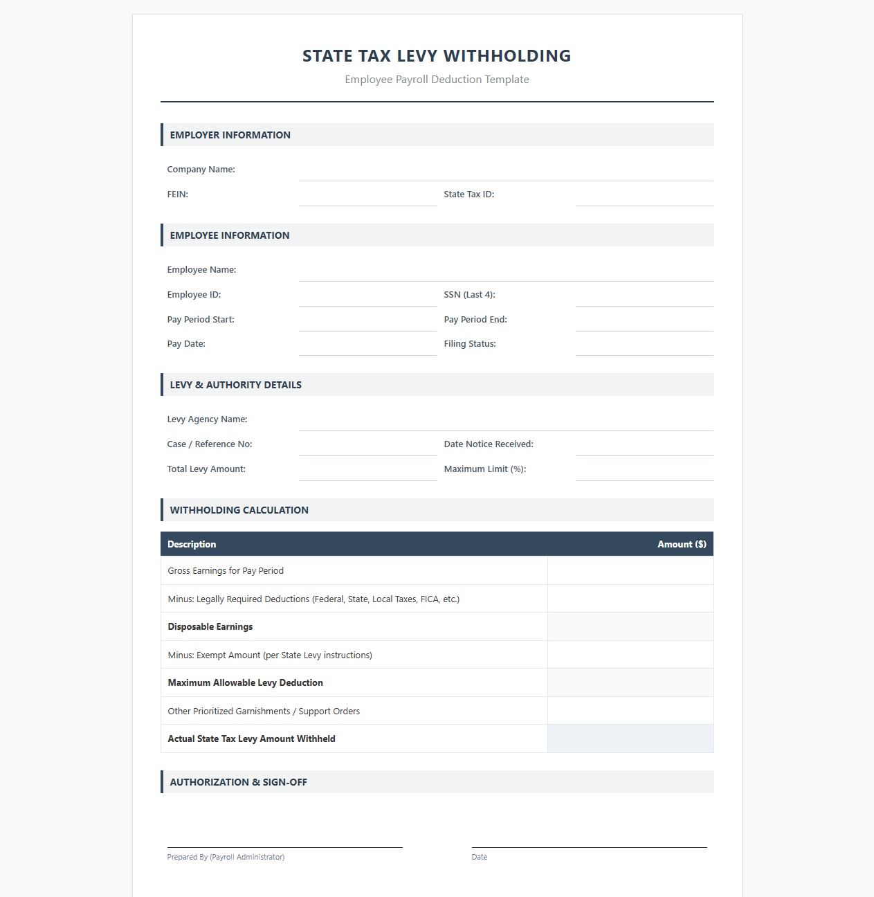 Employee State Tax Levy Deduction Template