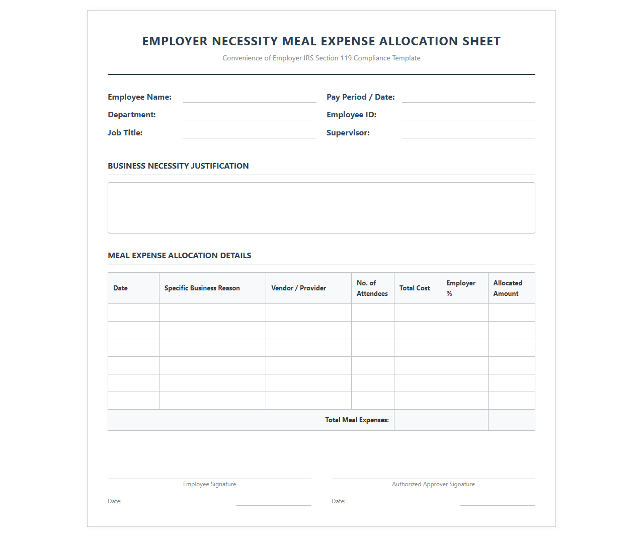 Employer Necessity Meal Expense Allocation Sheet