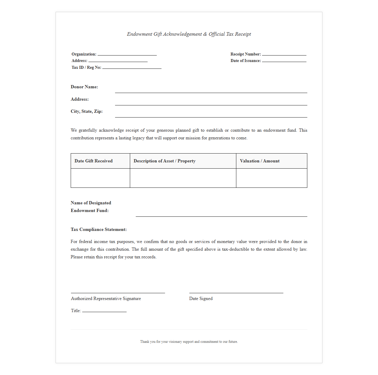 Endowment Gift Acknowledgement and Receipt Template