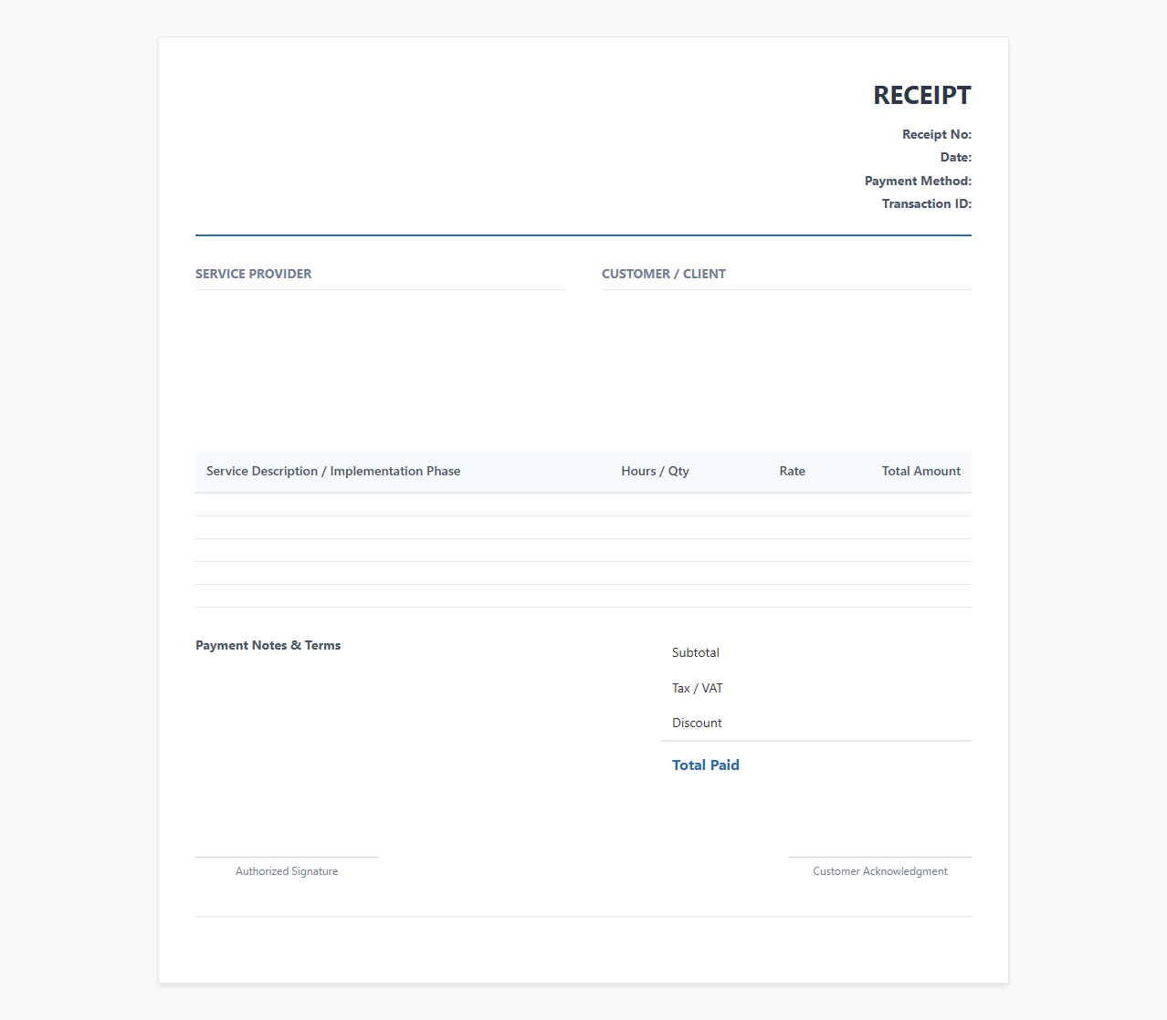 Enterprise Software Implementation Service Receipt