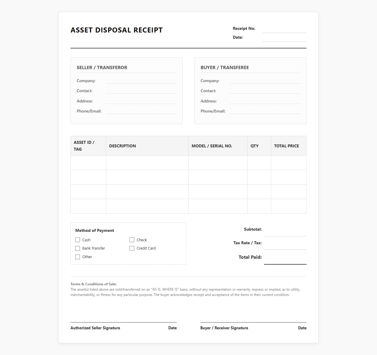 Equipment and Asset Disposal Receipt Template