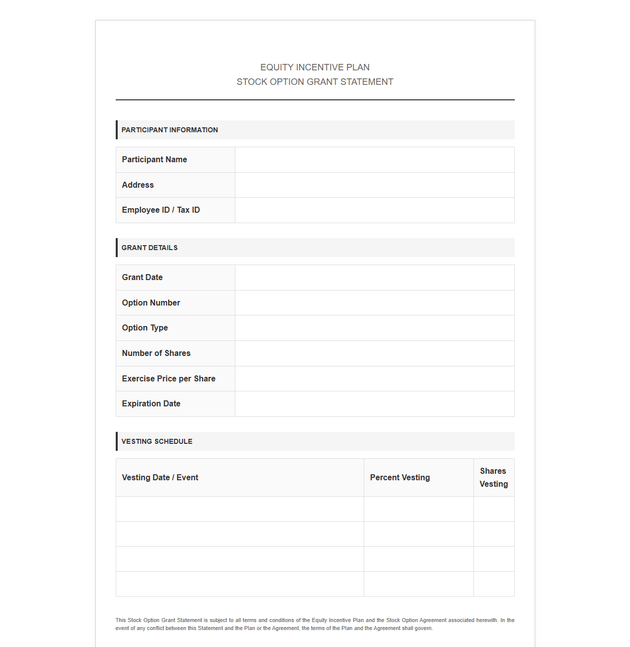 Equity Incentive Plan Stock Option Statement
