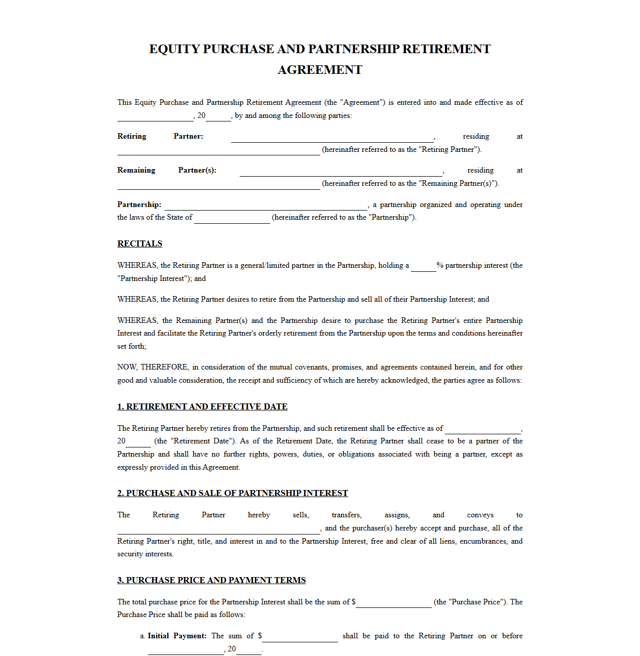 Equity Purchase and Partnership Retirement Agreement Template
