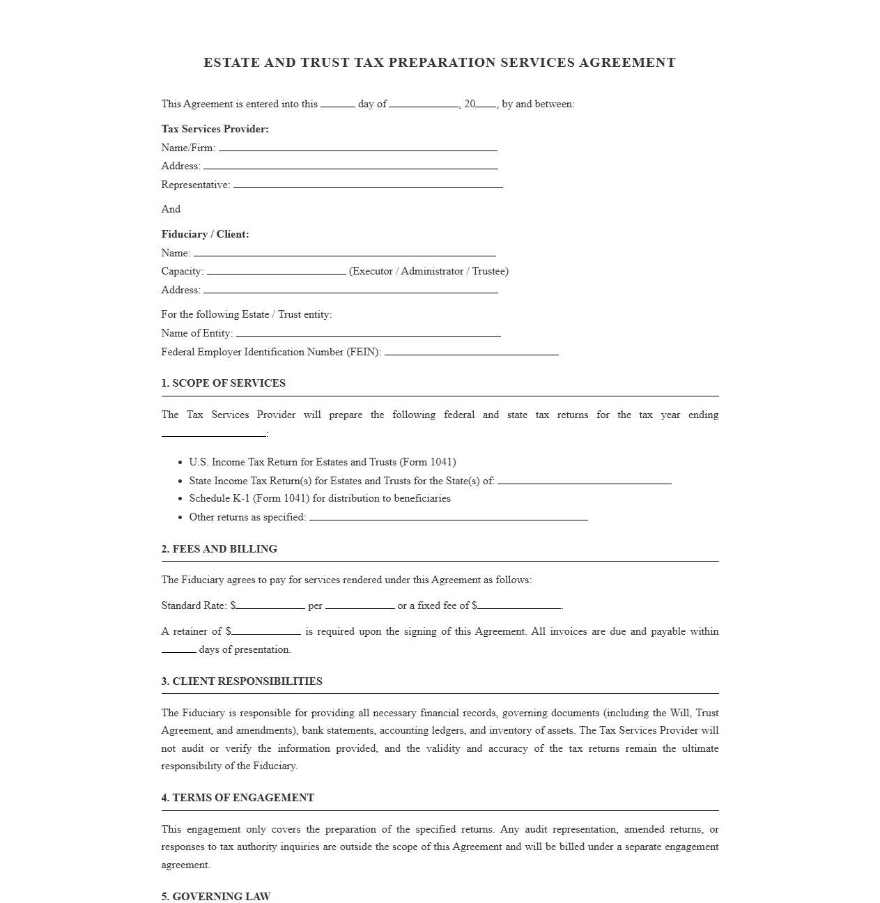 Estate and Trust Tax Preparation Services Contract