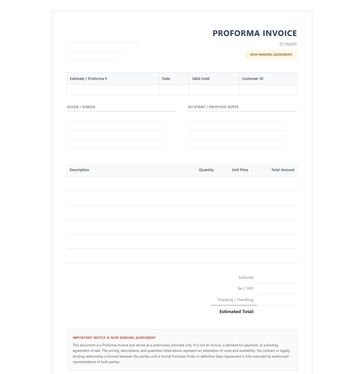 Estimate Proforma Invoice Non Binding Template