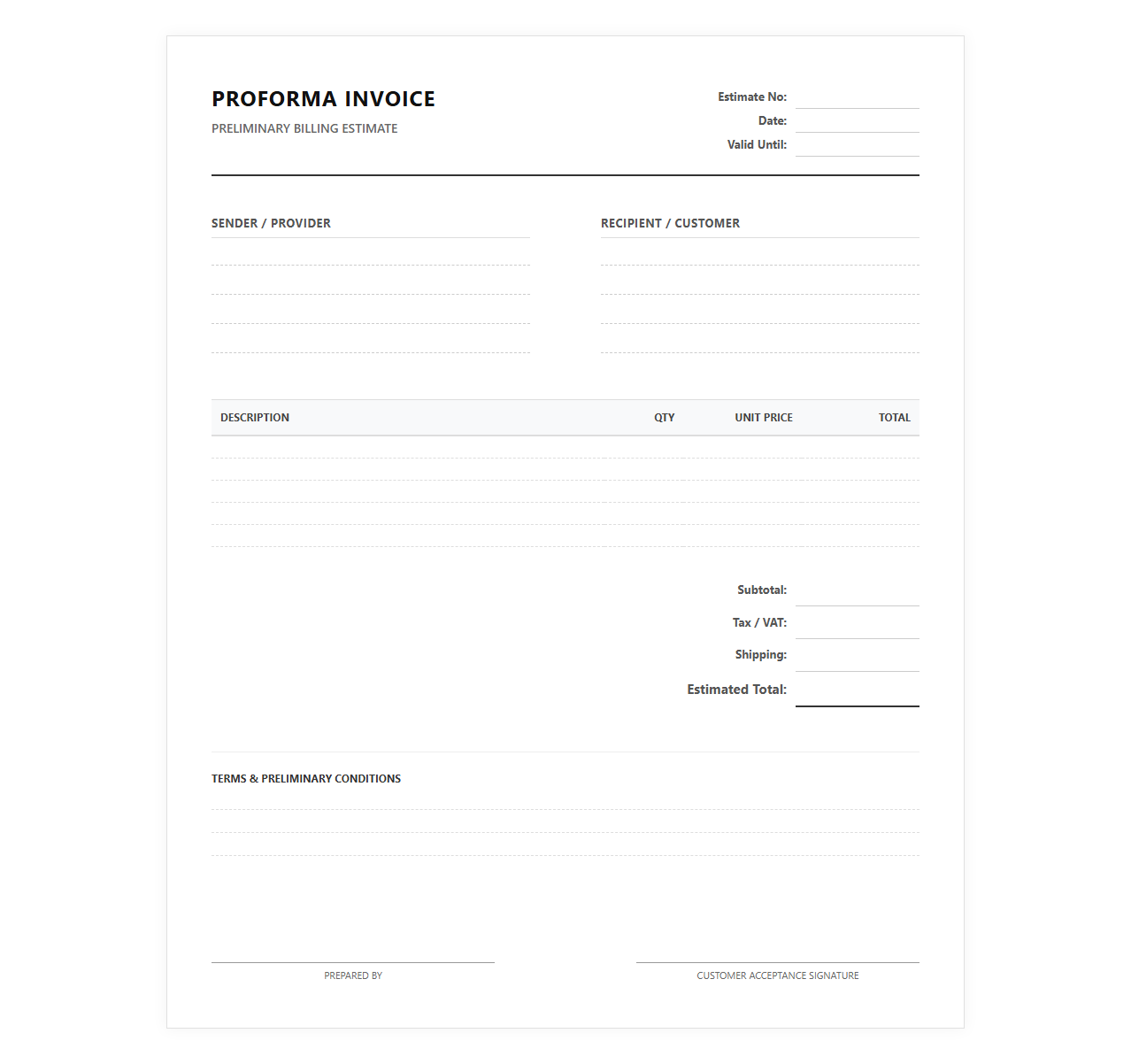 Estimate Proforma Invoice Sheet
