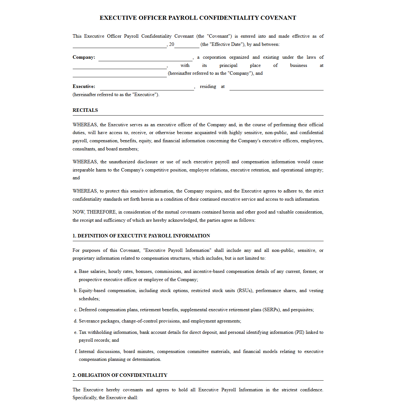 Executive Officer Payroll Confidentiality Covenant