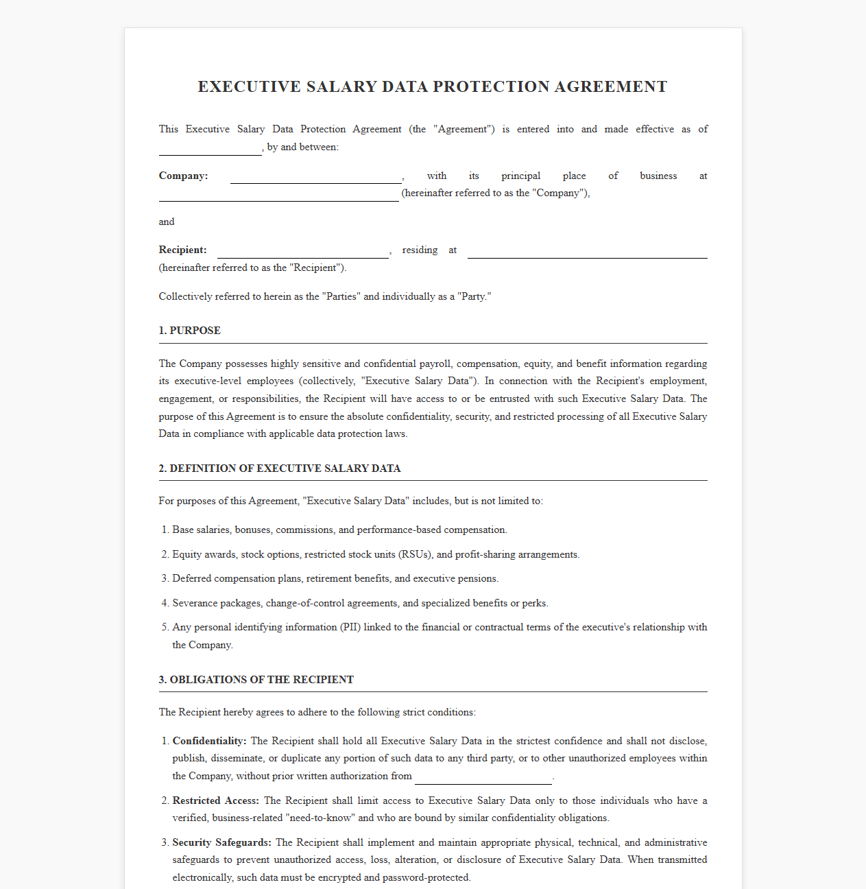Executive Salary Data Protection Agreement