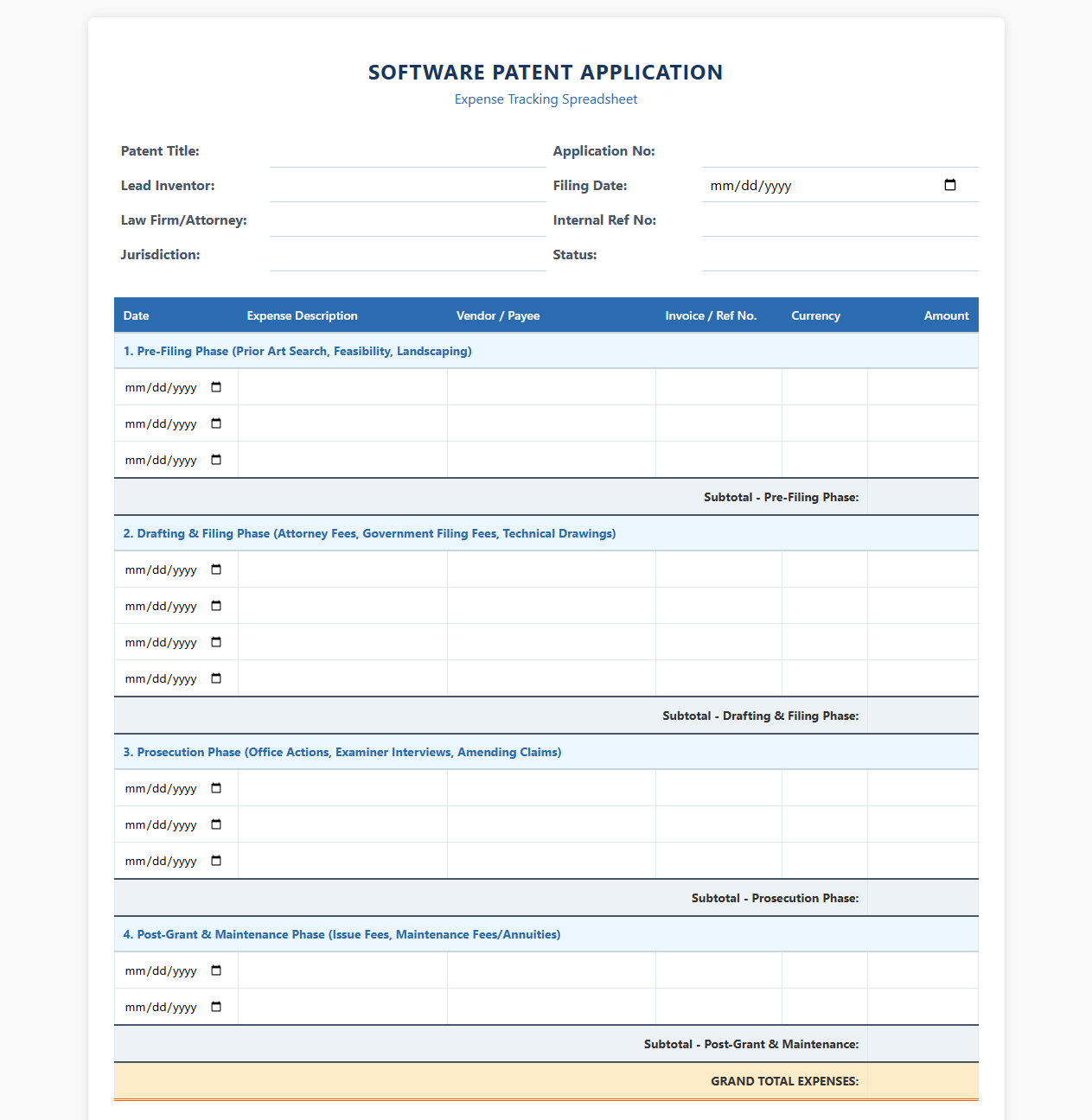 Expense Spreadsheet for Software Patent Applications