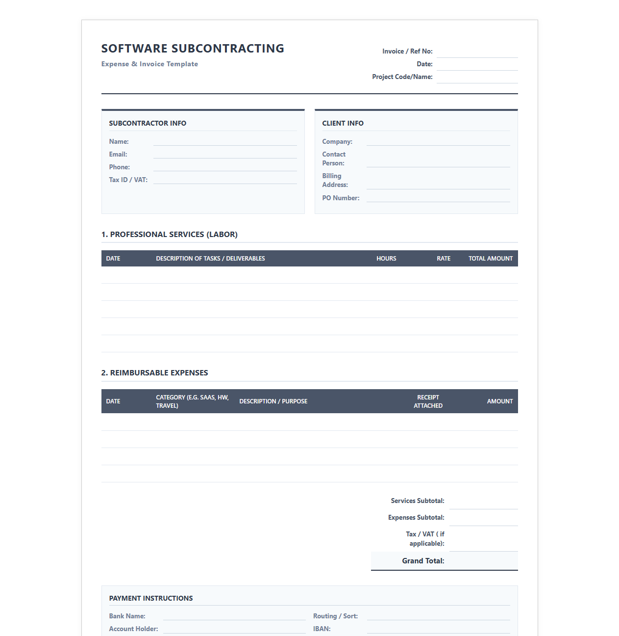 External Developer Expense and Invoice Template