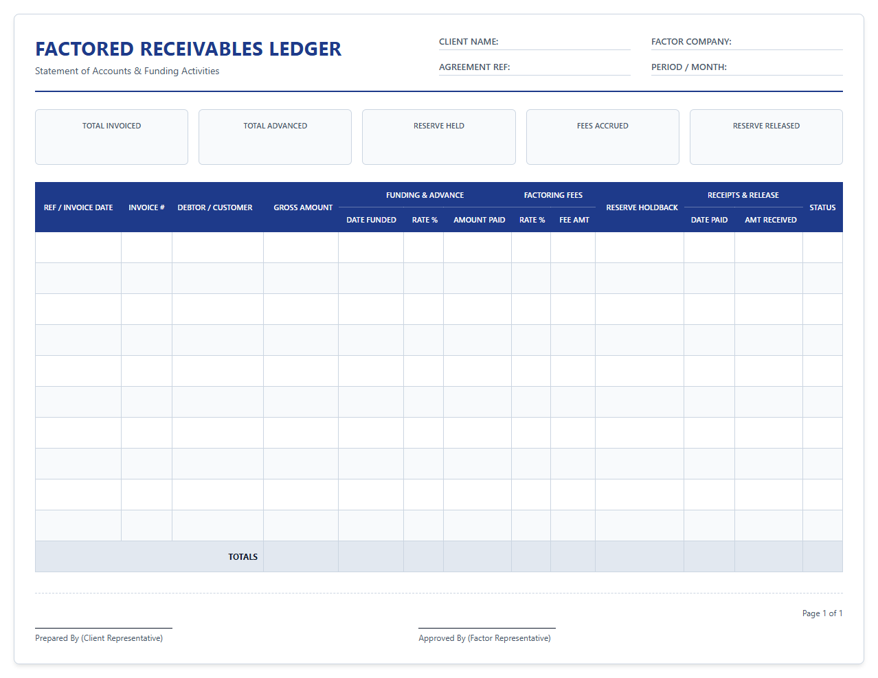 Factored Receivables Ledger Template