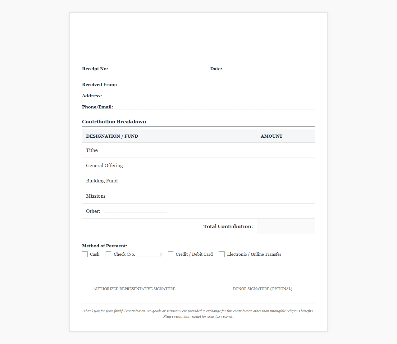 Faith-Based Tithes and Offerings Receipt Form