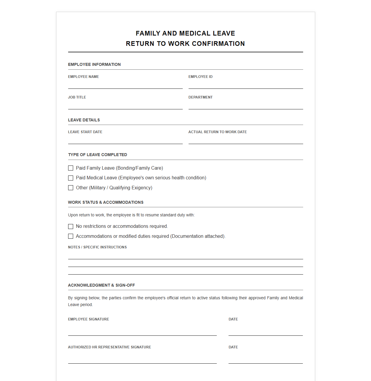 Family Leave Return to Work Confirmation Document