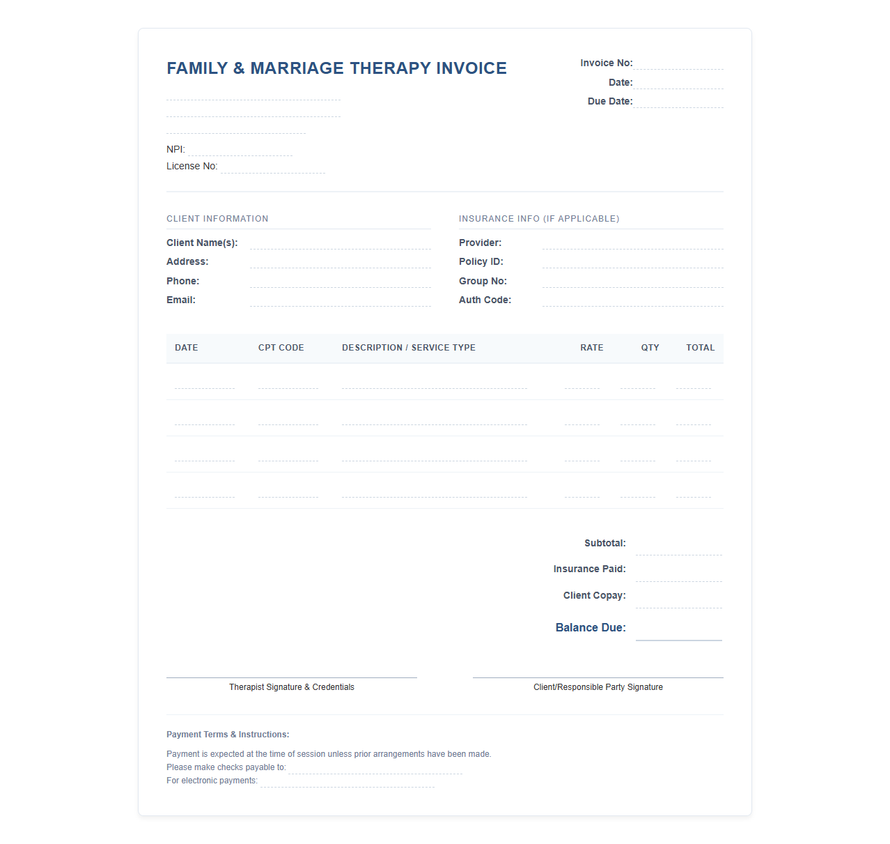 Family and Marriage Therapy Invoice