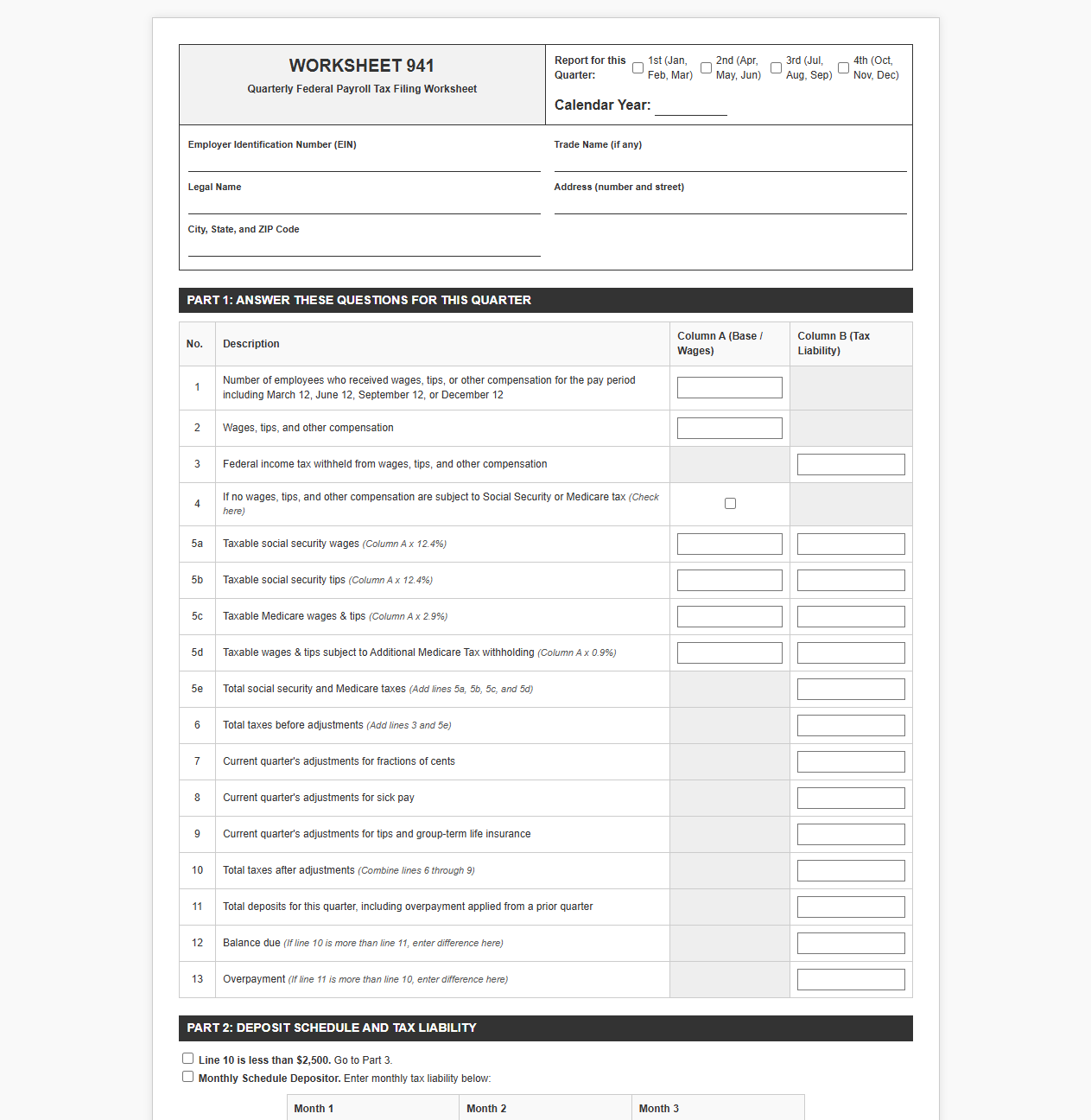 Federal Quarterly Payroll Tax Filing Worksheet