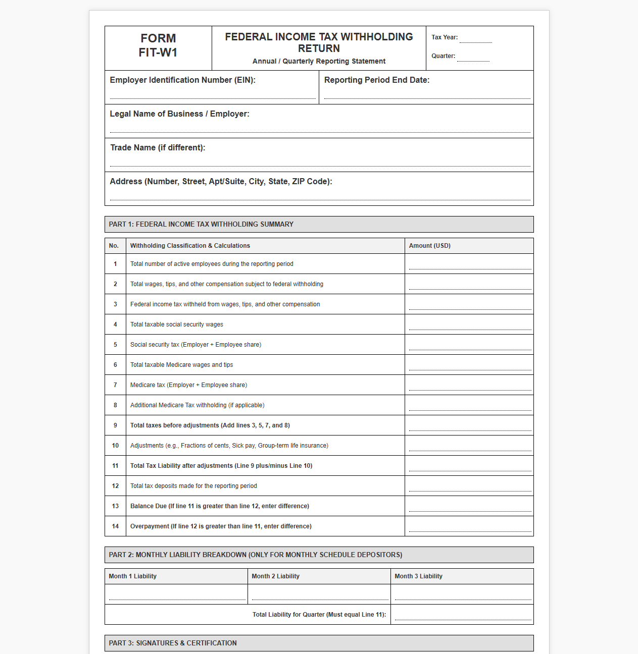 Federal Tax Withholding Return Reporting Template