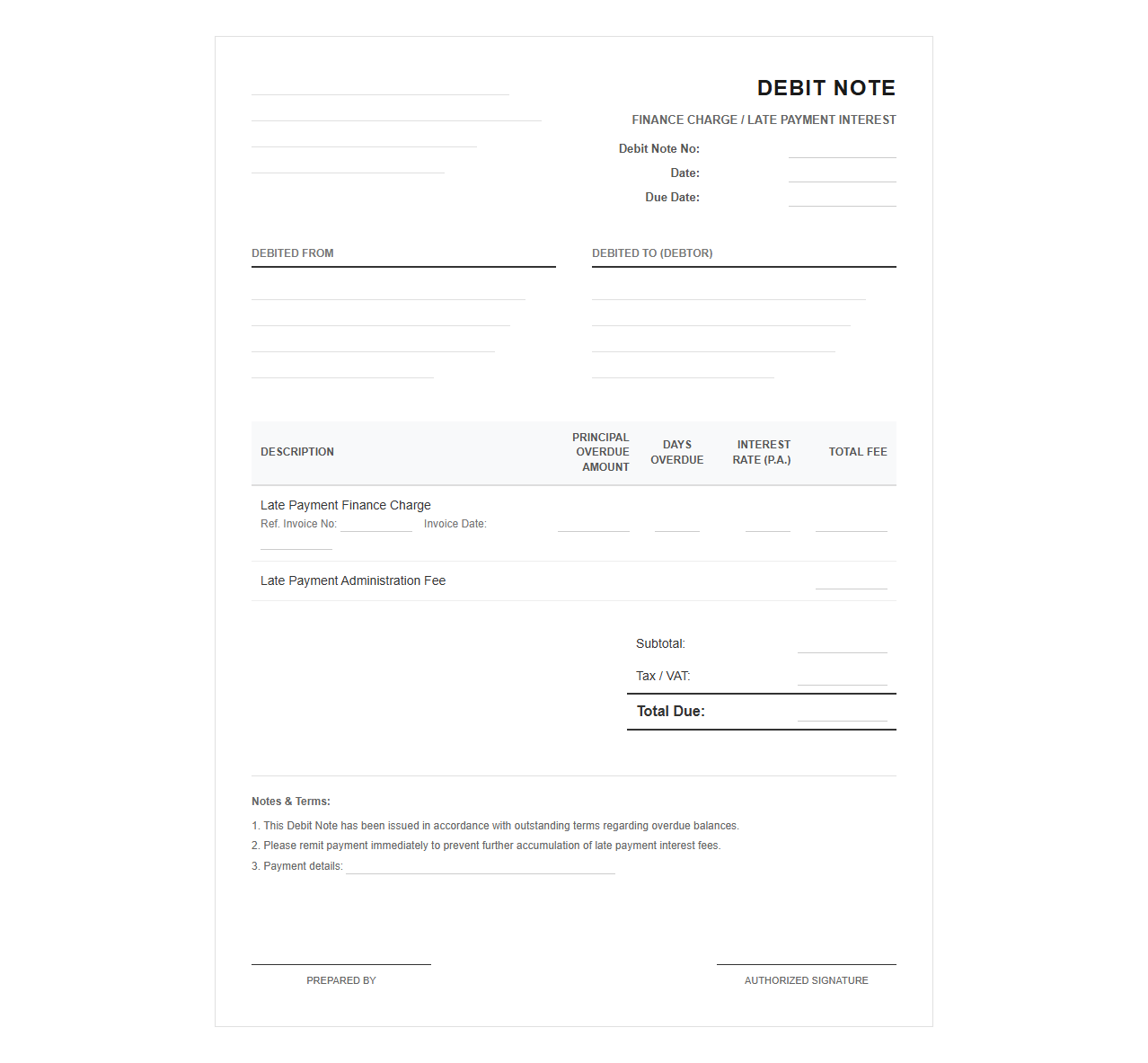 Finance Charge Debit Note for Late Payments