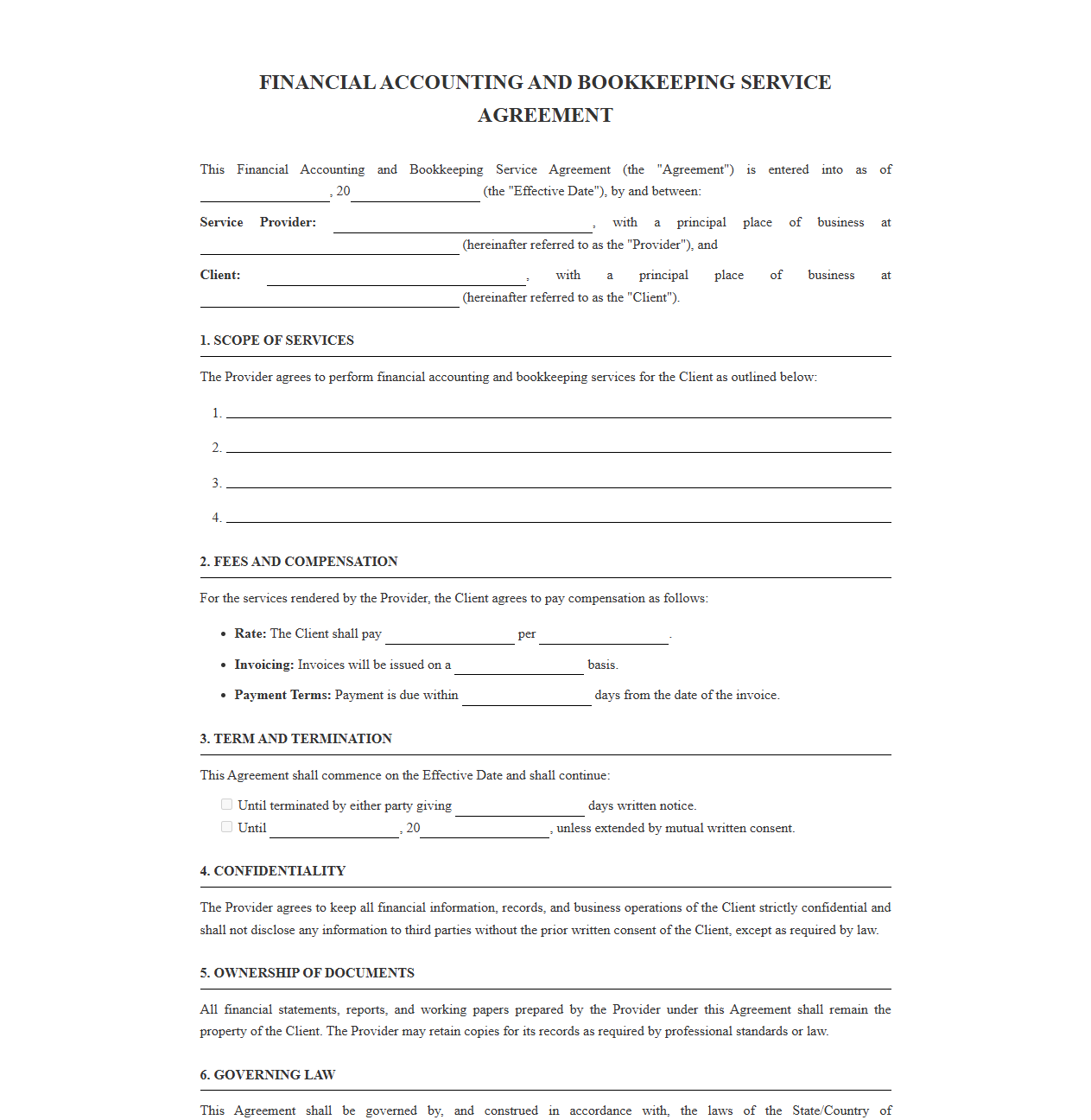 Financial Accounting and Bookkeeping Service Agreement