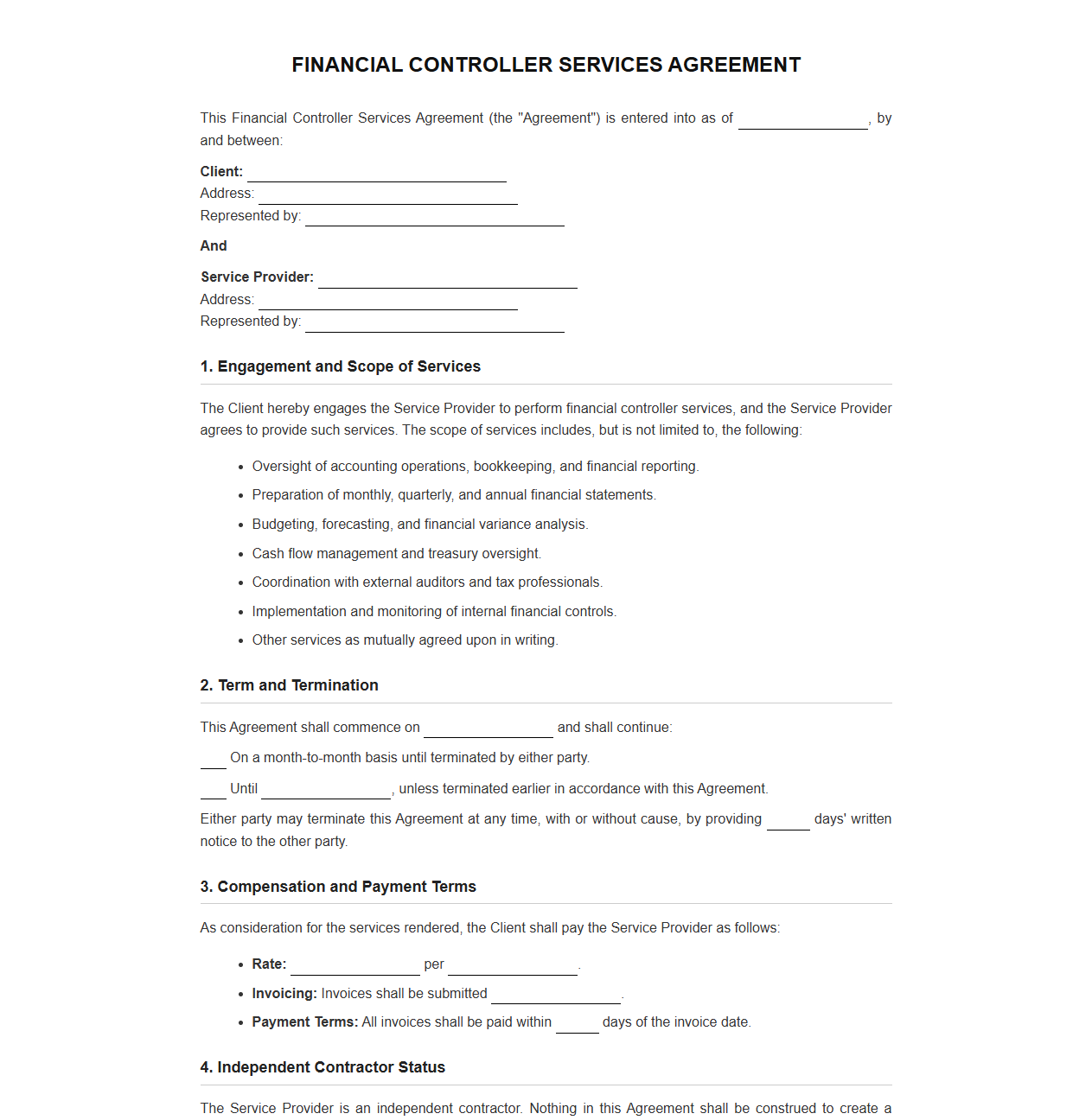 Financial Controller Services Agreement Template
