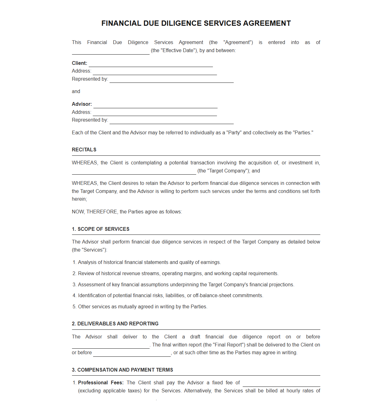 Financial Due Diligence Services Agreement for M&A Transactions