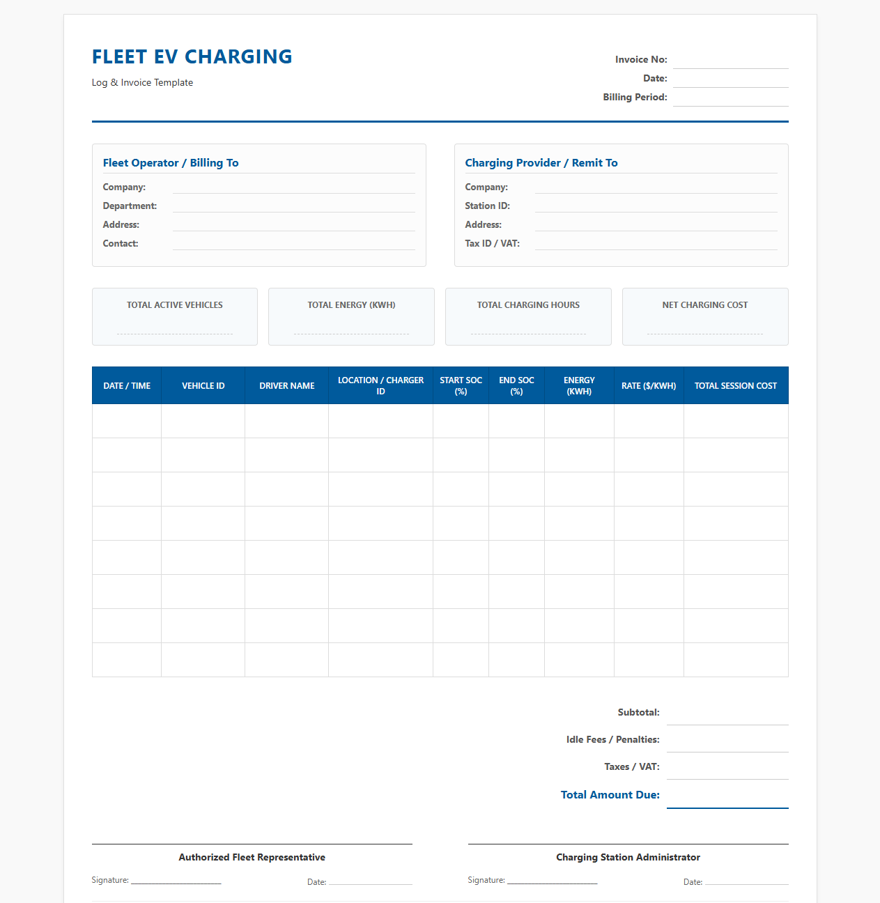 Fleet EV Charging Log and Invoice Template
