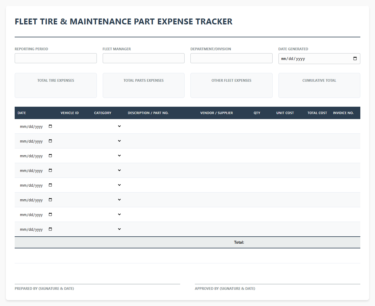 Fleet Tire and Maintenance Part Expense Tracker