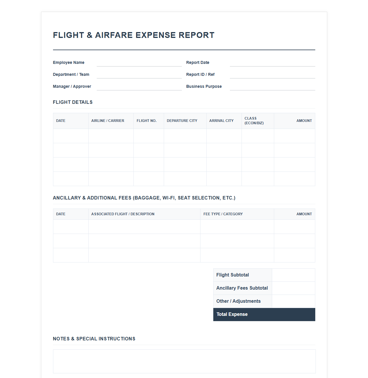 Flight and Airfare Expense Report Template