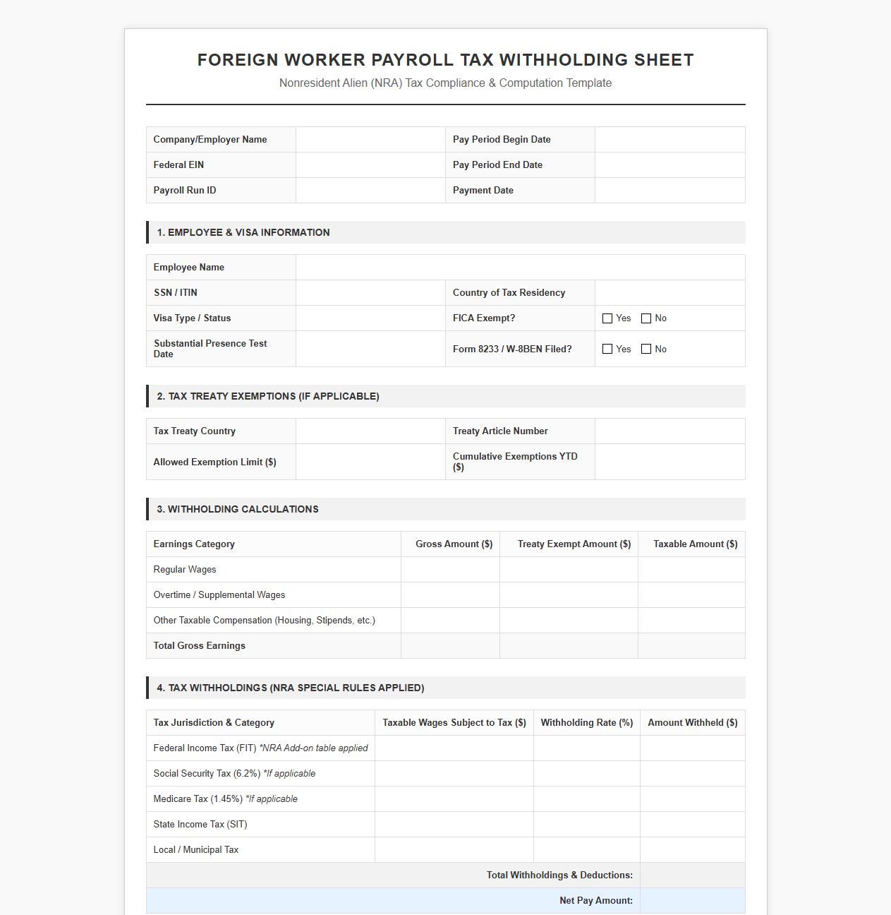 Foreign Worker Payroll Tax Withholding Sheet