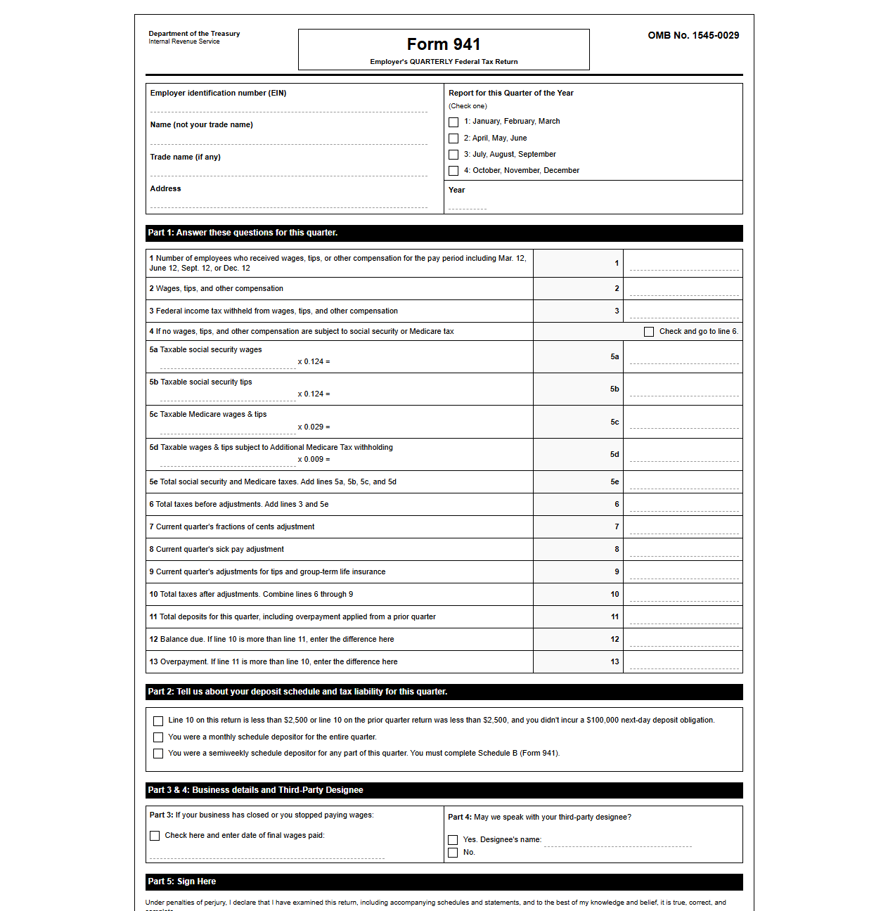 Form 941 Quarterly Federal Payroll Tax Template
