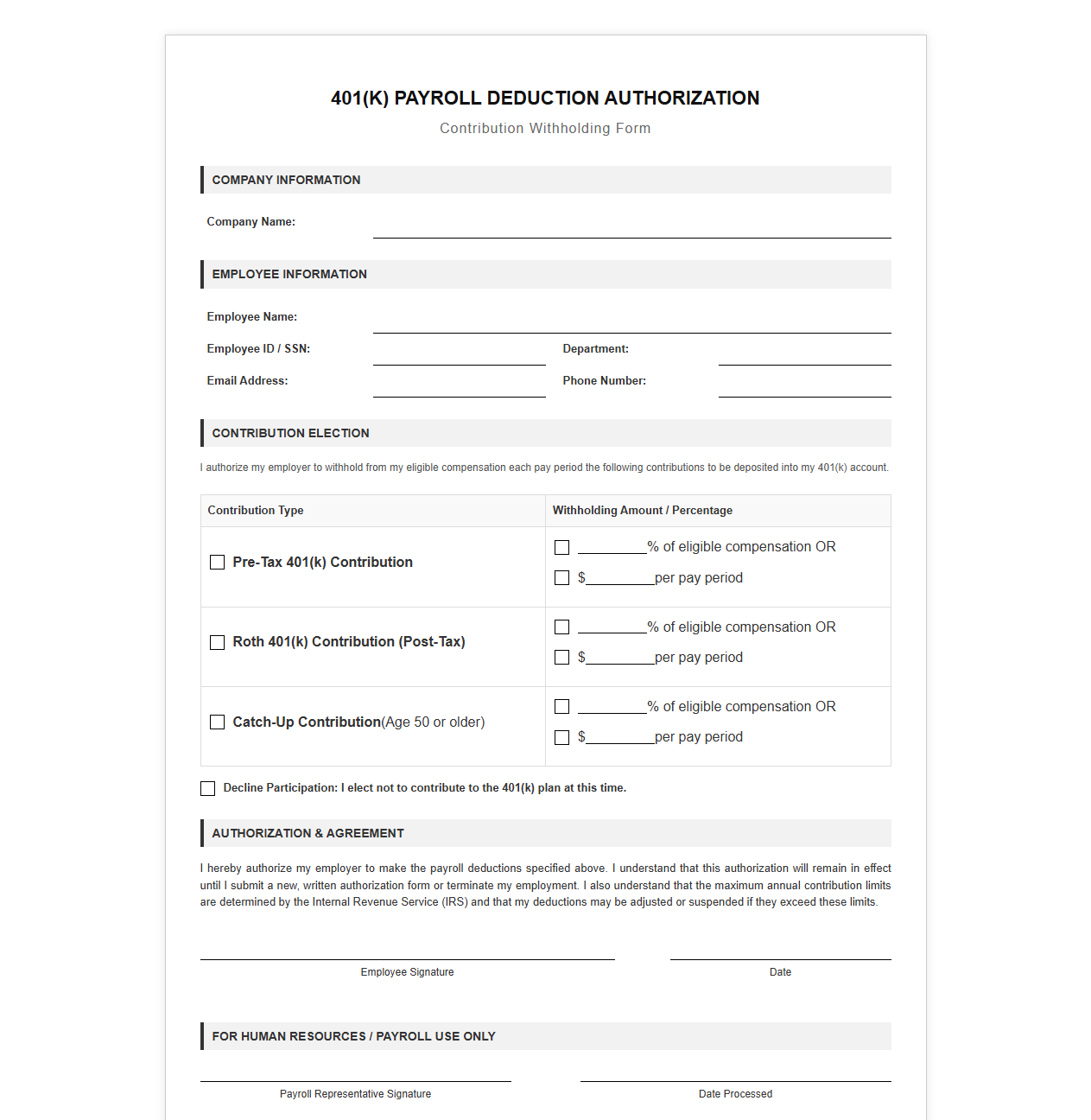 Four Zero One K Payroll Deduction Authorization Sheet