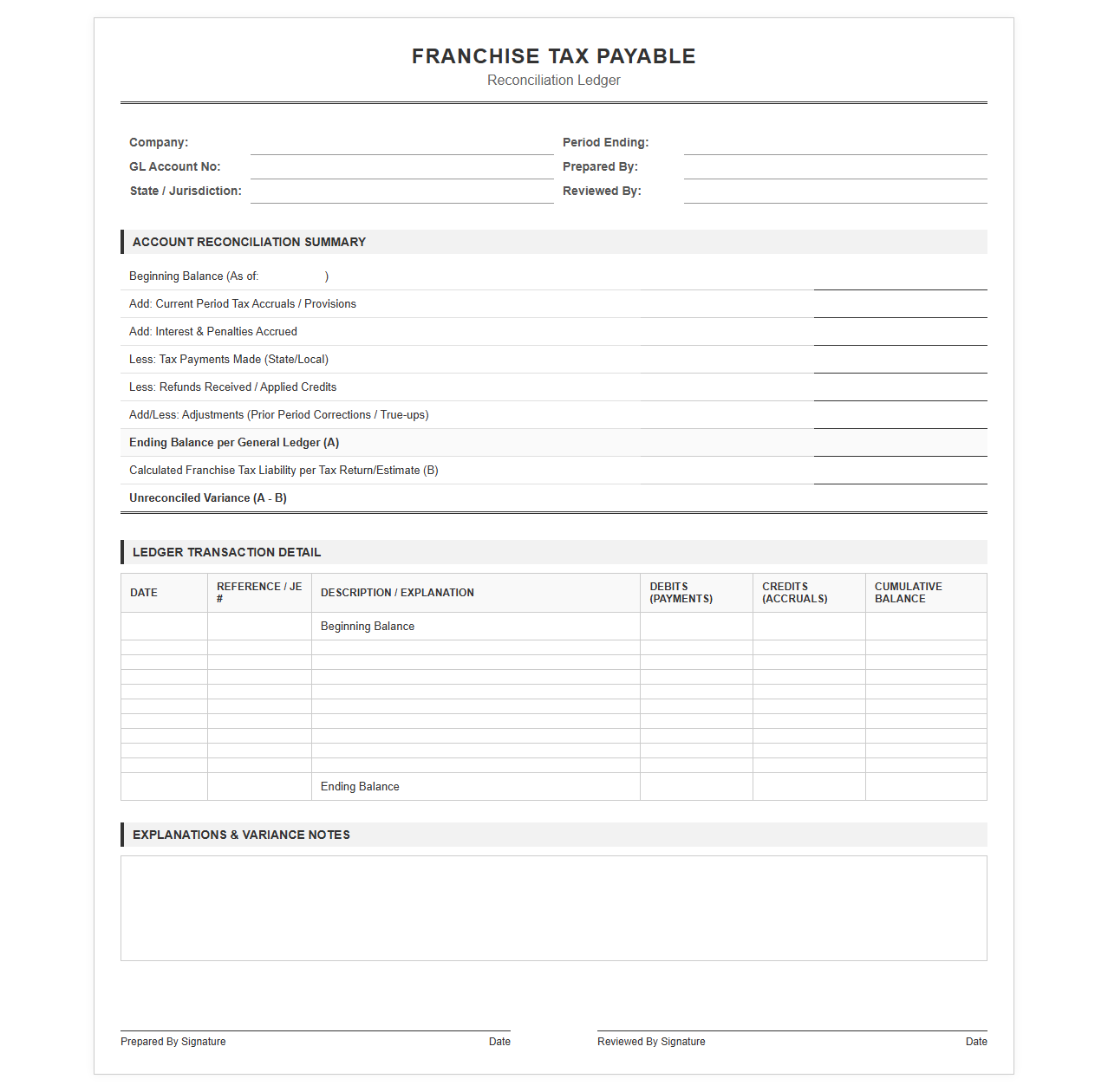 Franchise Tax Payable Reconciliation Ledger