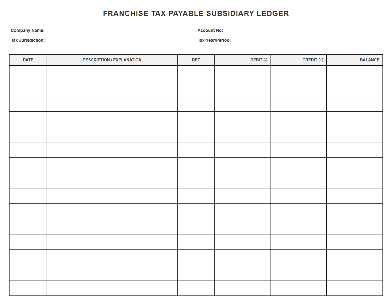 Franchise Tax Payable Subsidiary Ledger Template