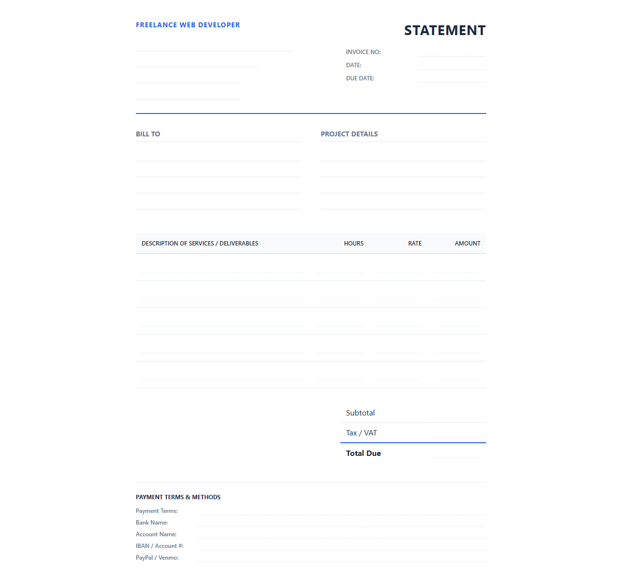Freelance Web Developer Billing Statement