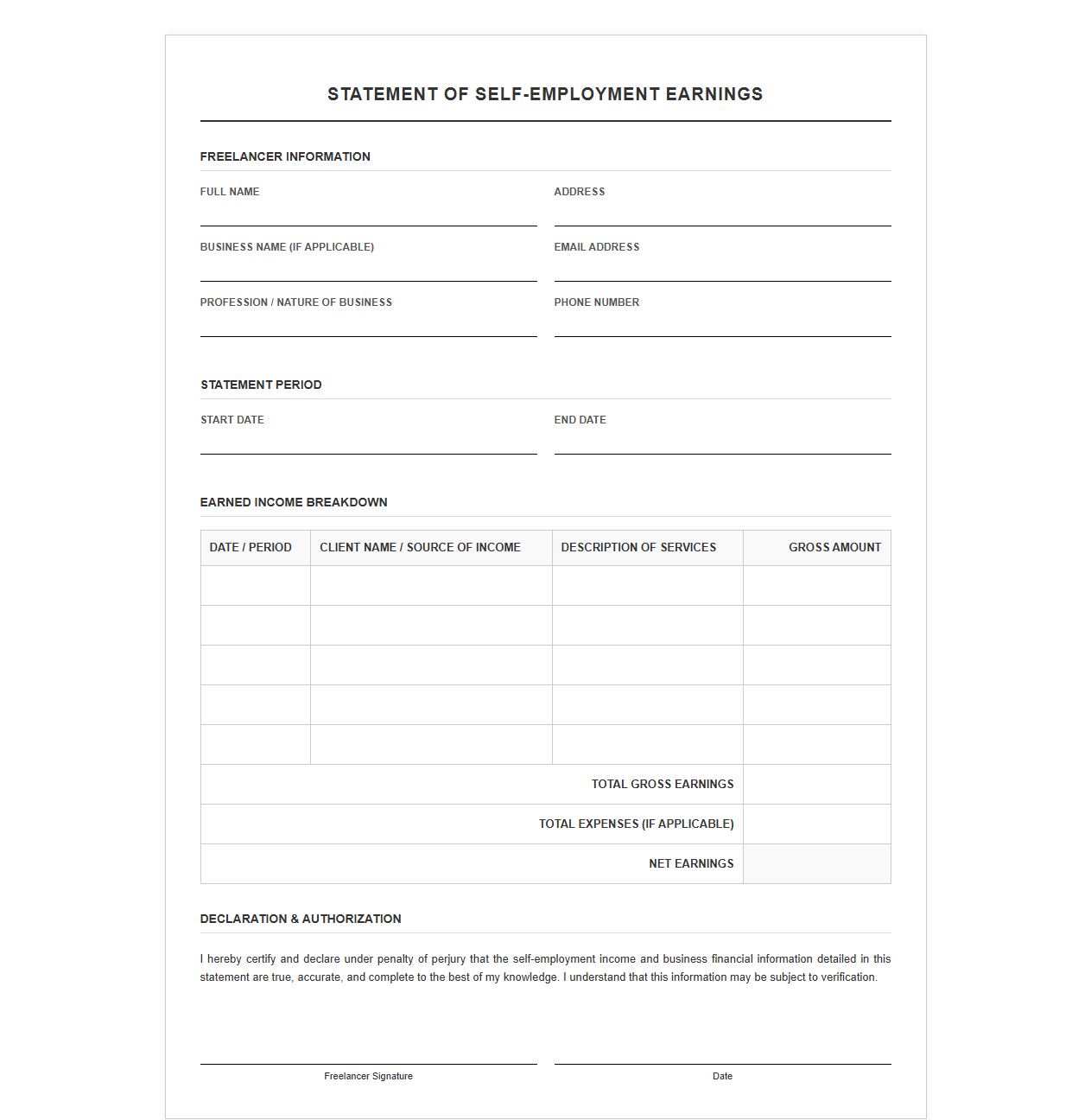 Freelancer Earnings Verification Document