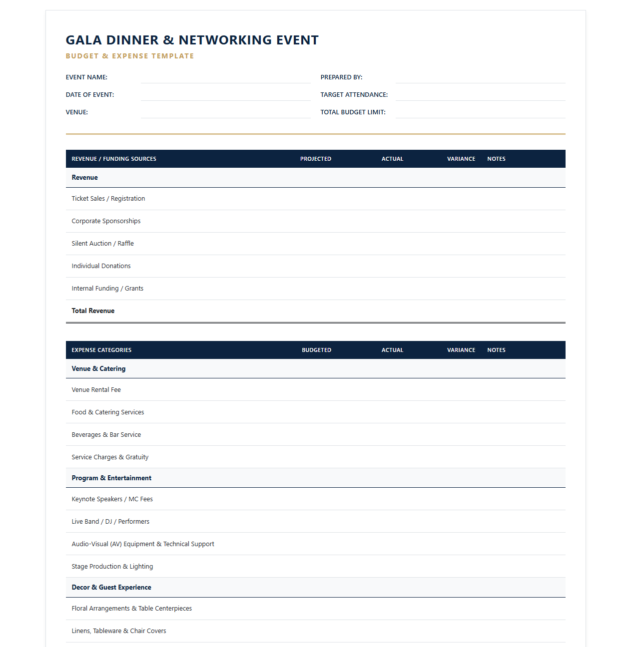 Gala Dinner and Networking Event Budget Sheet
