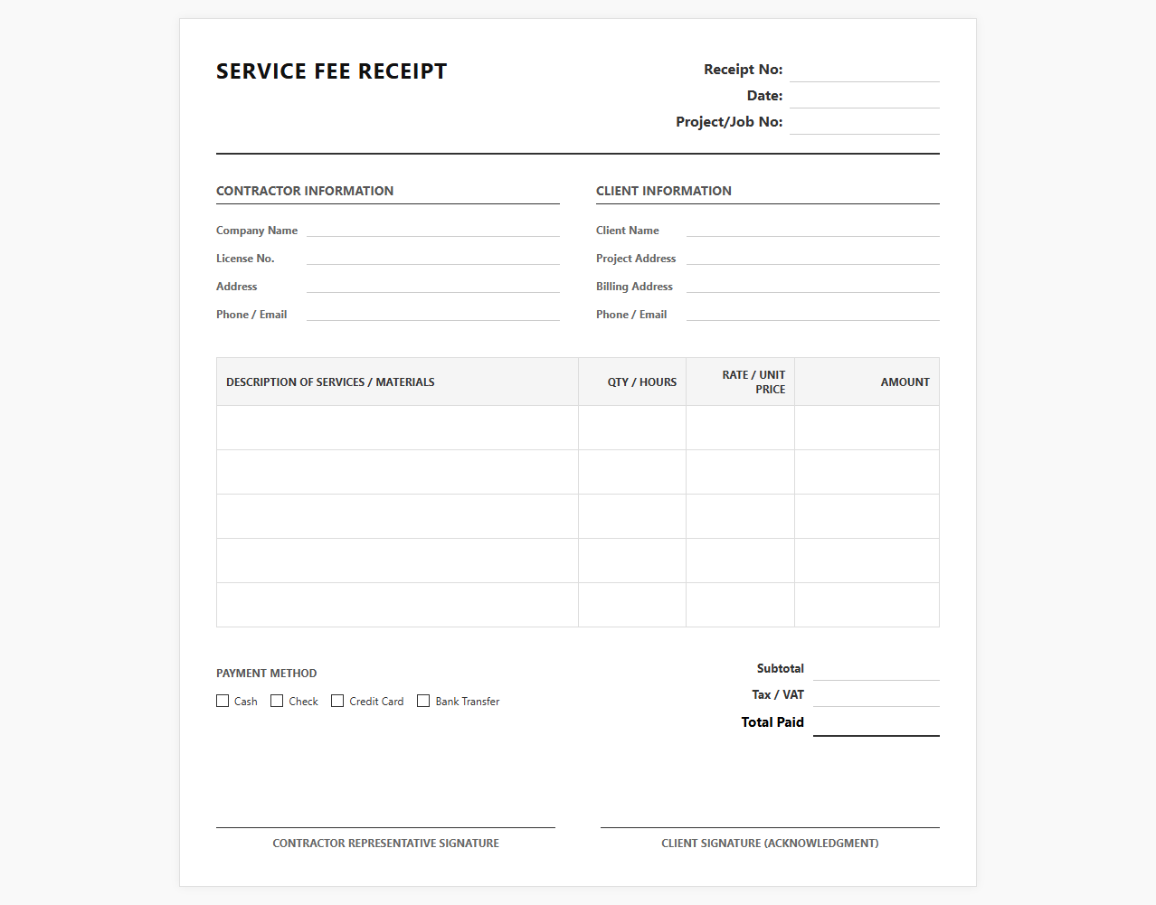General Contractor Service Fee Receipt