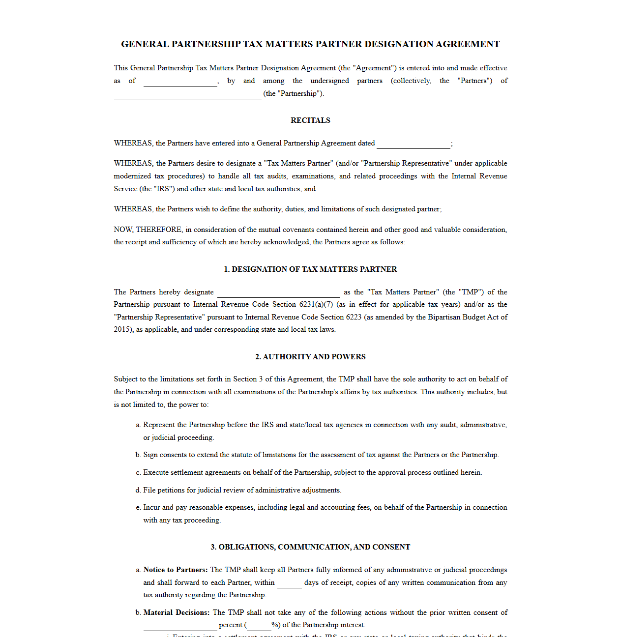 General Partnership Tax Matters Partner Appointment Contract