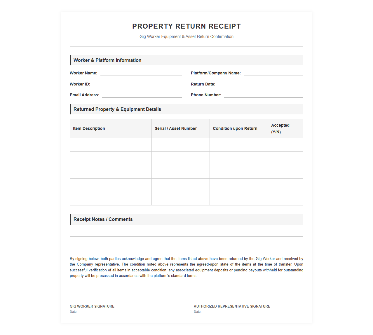 Gig Worker Company Property Return Receipt