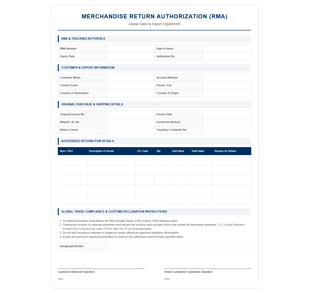 Global Sales Merchandise Return Authorization Template