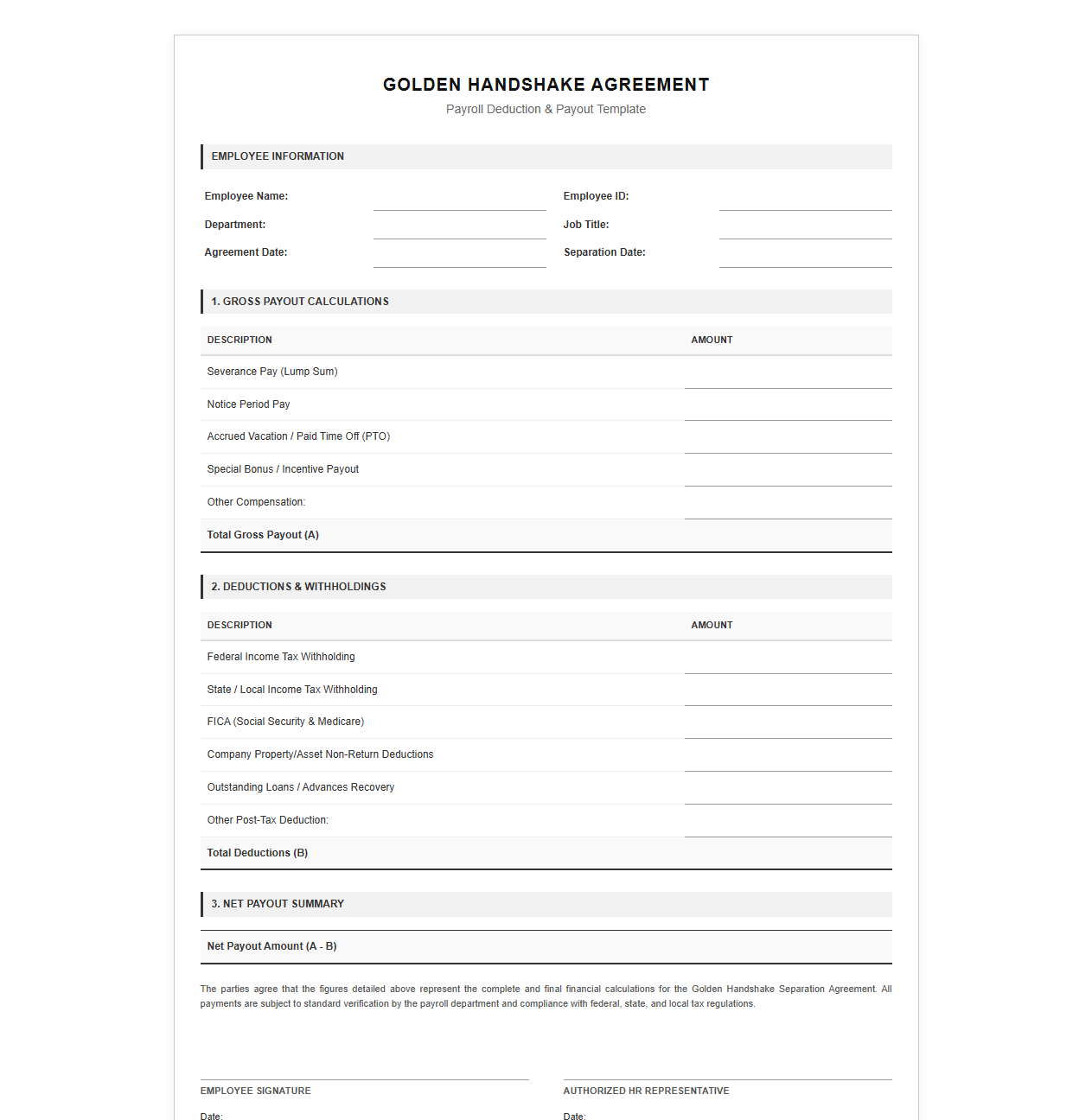 Golden Handshake Payroll Deduction and Payout Template