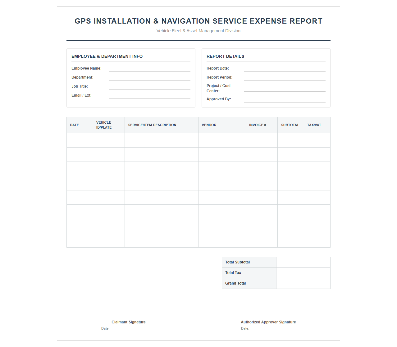 GPS Installation and Navigation Service Expense Report