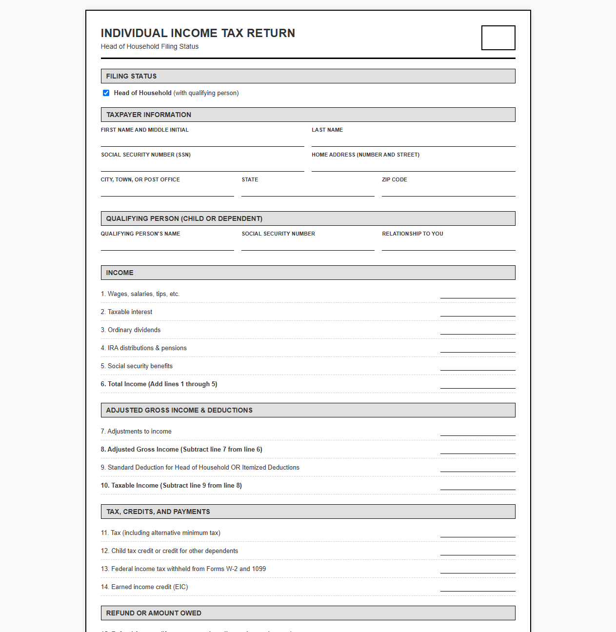 Head of Household Income Tax Return Template