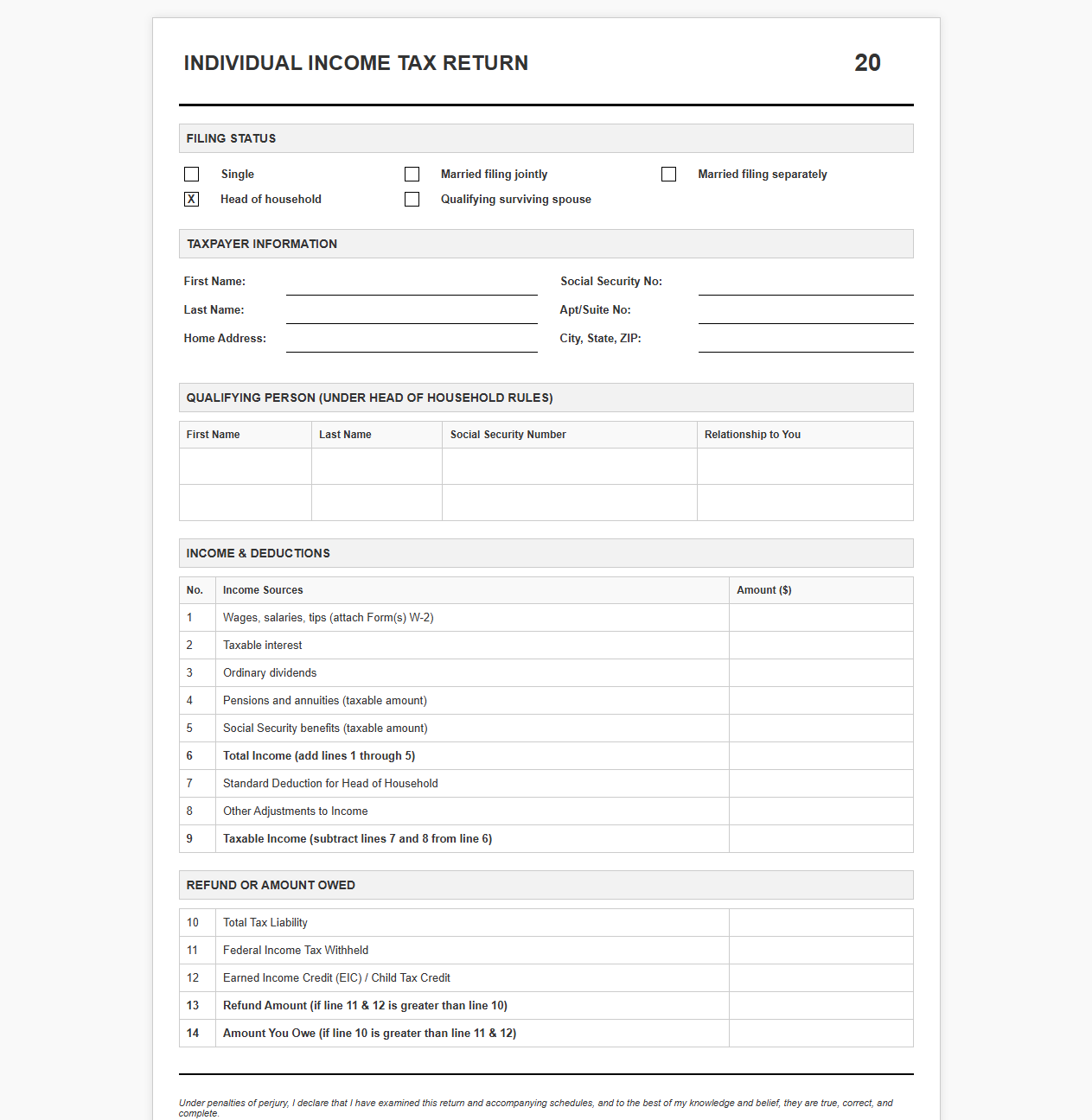 Head of Household Tax Return Template