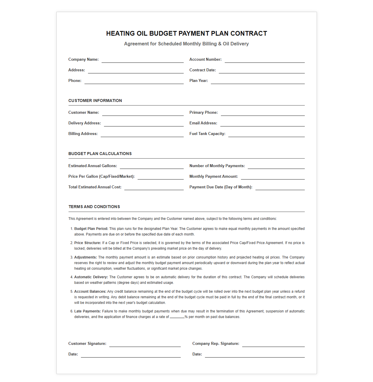 Heating Oil Budget Payment Plan Contract