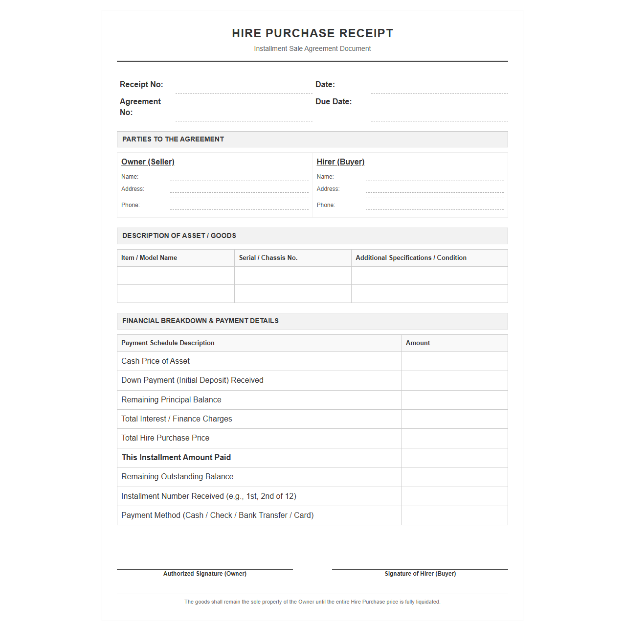 Hire Purchase Sale Receipt Template