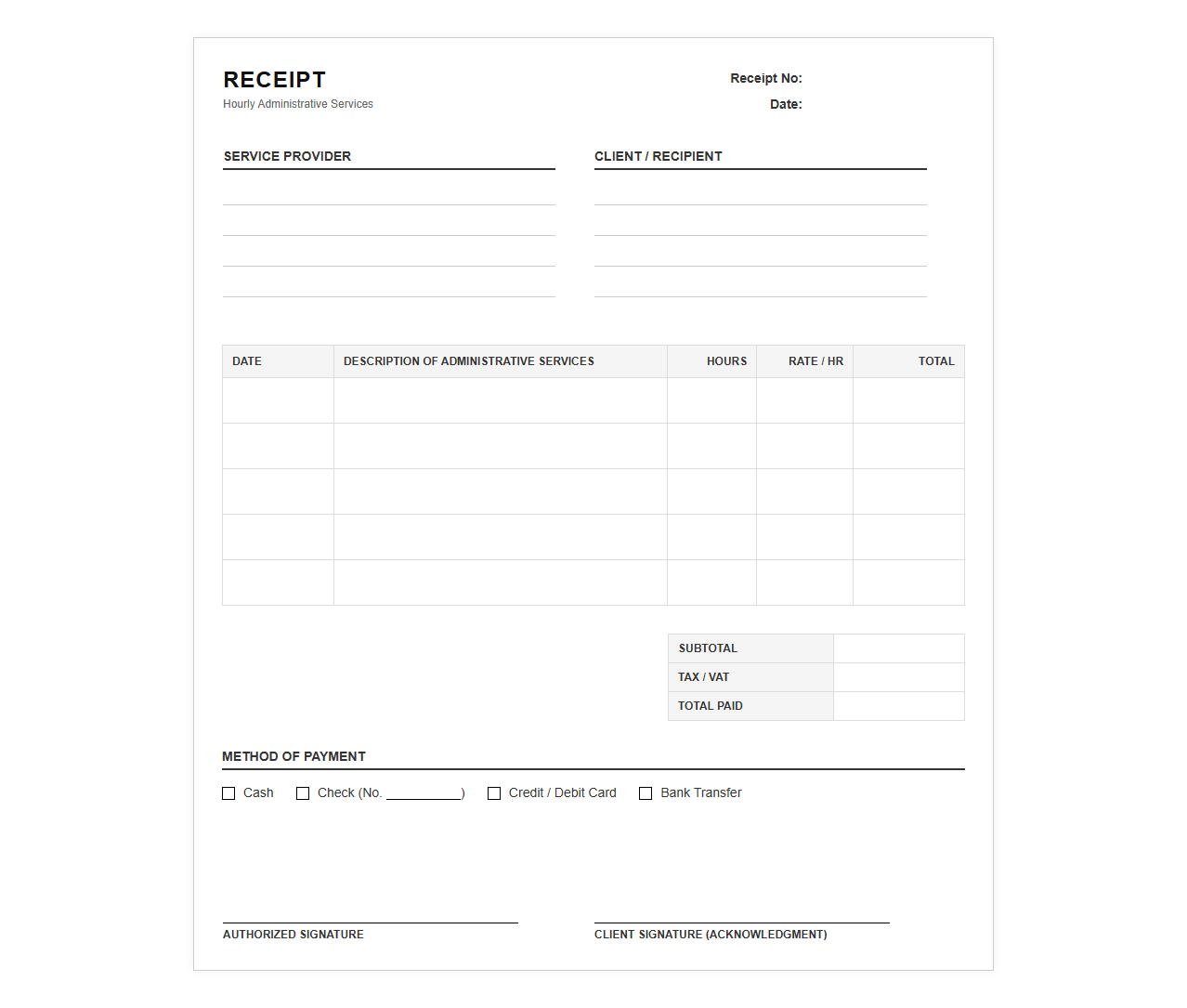 Hourly Administrative Services Receipt Form