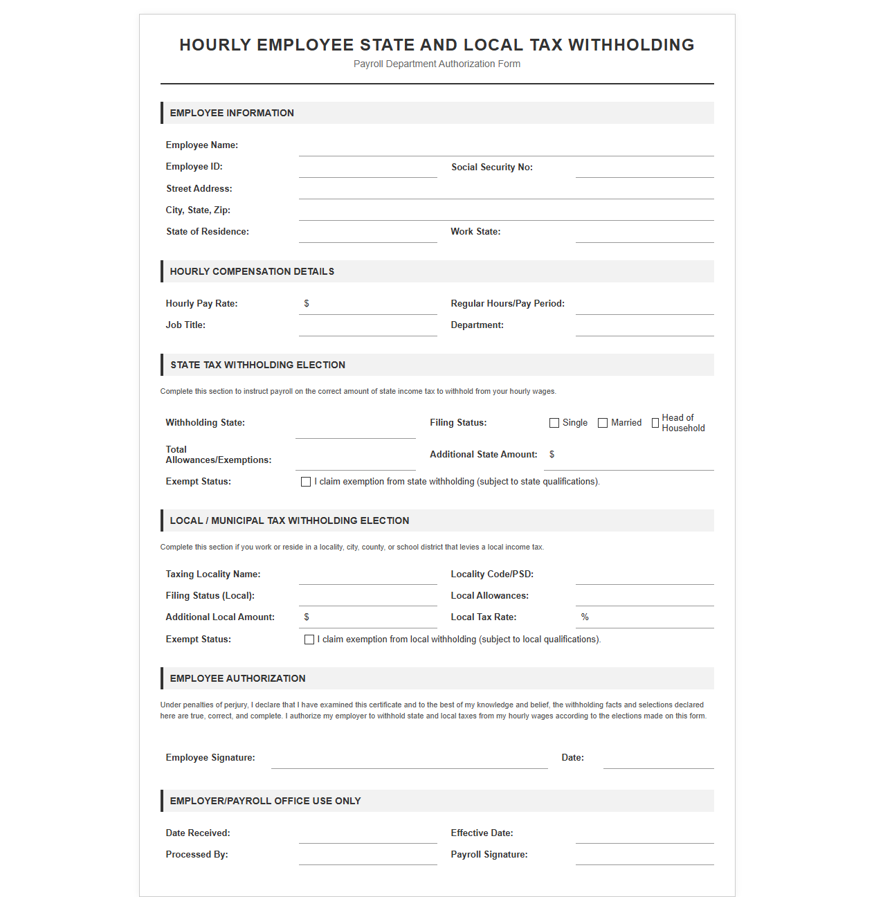 Hourly Employee State and Local Tax Withholding Sheet